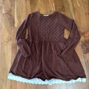 Brown Knit Long Sleeve Babydoll Style Top with Lace Trim